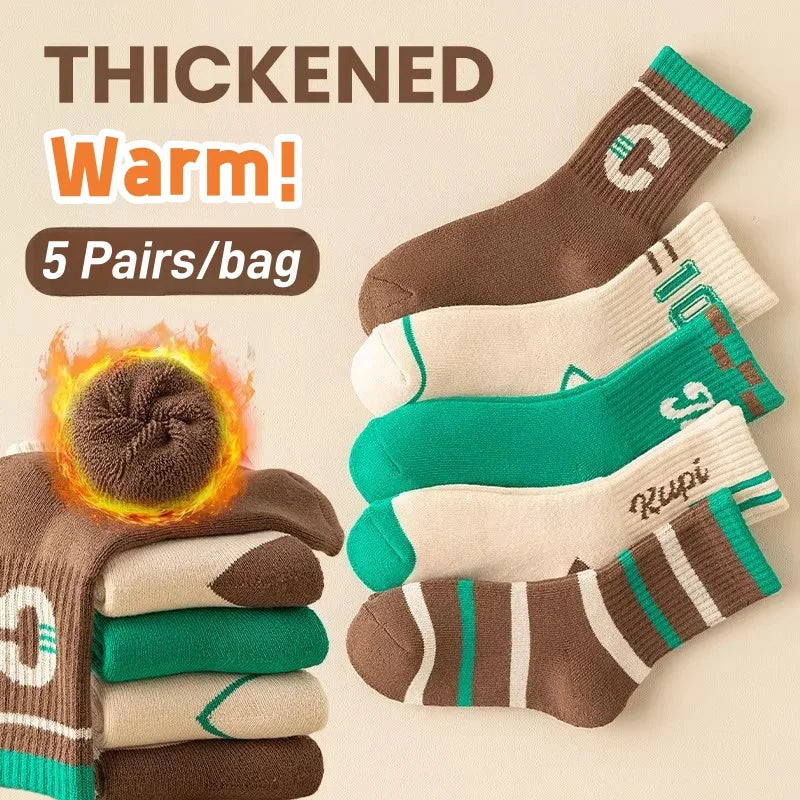 5 Pairs/lot Children's Winter Socks Warm Baby Child Thicken Cotton Socks Boys Terry Socks Letter Pattern Thermal Socks by DERILUJA LLC