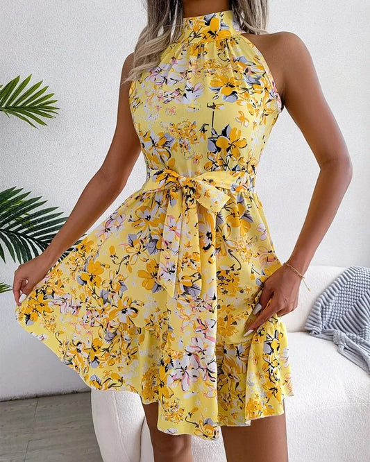 Spring Summer Floral Halter Neck Short Dresses Holiday Beach Sundress Casual Halter Short Dresses Clothes Women by DERILUJA LLC