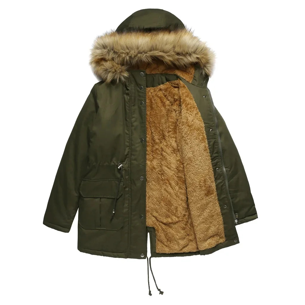 Women's Winter Jacket Warm Solid Plush Thickened Long Winter Coat Outdoor Hiking Fur Hooded Windproof Down Parka Coats Overcoat by My Store