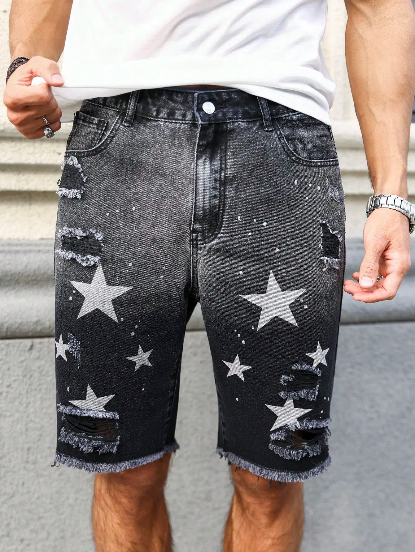 Men's summer denim printed shorts. Black - grey gradient color. Ripped details. Street - style trend. by DERILUJA LLC
