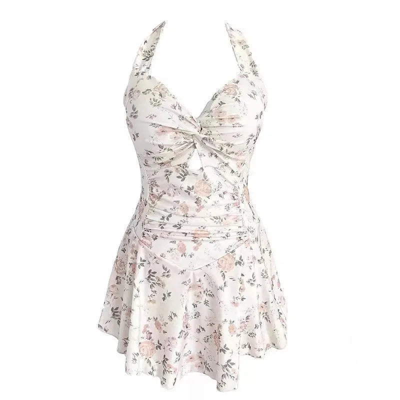 sexy Korean fashion conservative swimsuit one piece floral print wrinkled knot mini dress culottes bikinis padded swimwear by DERILUJA LLC