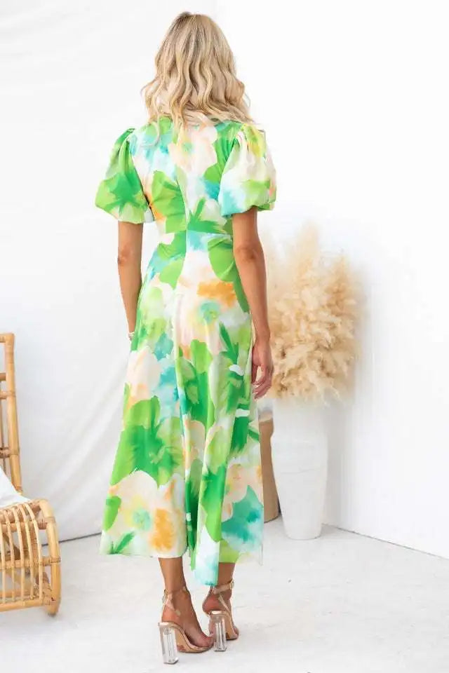 Summer Fashion New Women's PartyDress V-Neck Long Hollow Open Back Print A-line Long Bubble Sleeve Dress 2026 by DERILUJA LLC