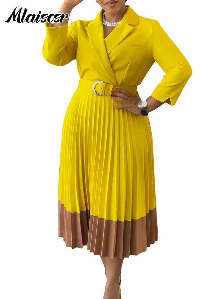 Elegant Long Sleeve Solid High Waist A Line Pleated Dress with Belt Women Office Lady Birthday Evening Vestidos by DERILUJA LLC