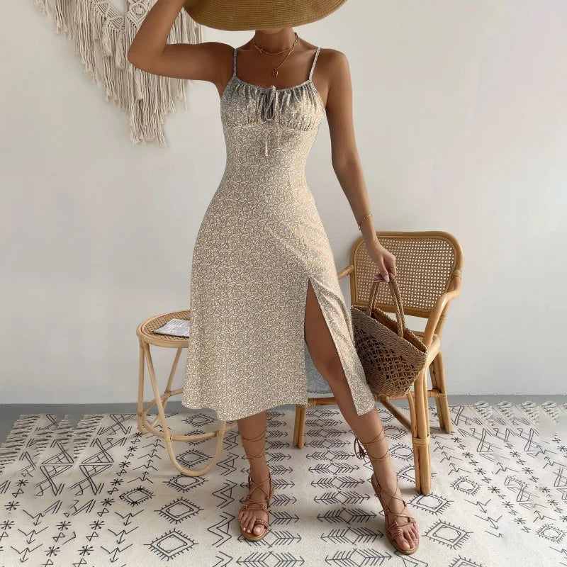Dress Beach Style Floral Print Frock Lace-Up V-Neck Ruched Skirt Slit Hem Female Vestido by DERILUJA LLC