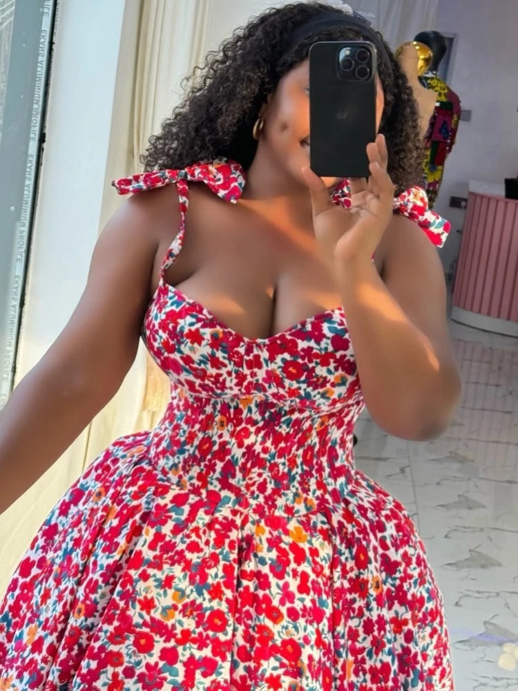 Elegant Floral Print A- Line Mini Dress with Bow Knot High Waist Slimming for Women Spring Season Fashion Casual Skirt by DERILUJA LLC