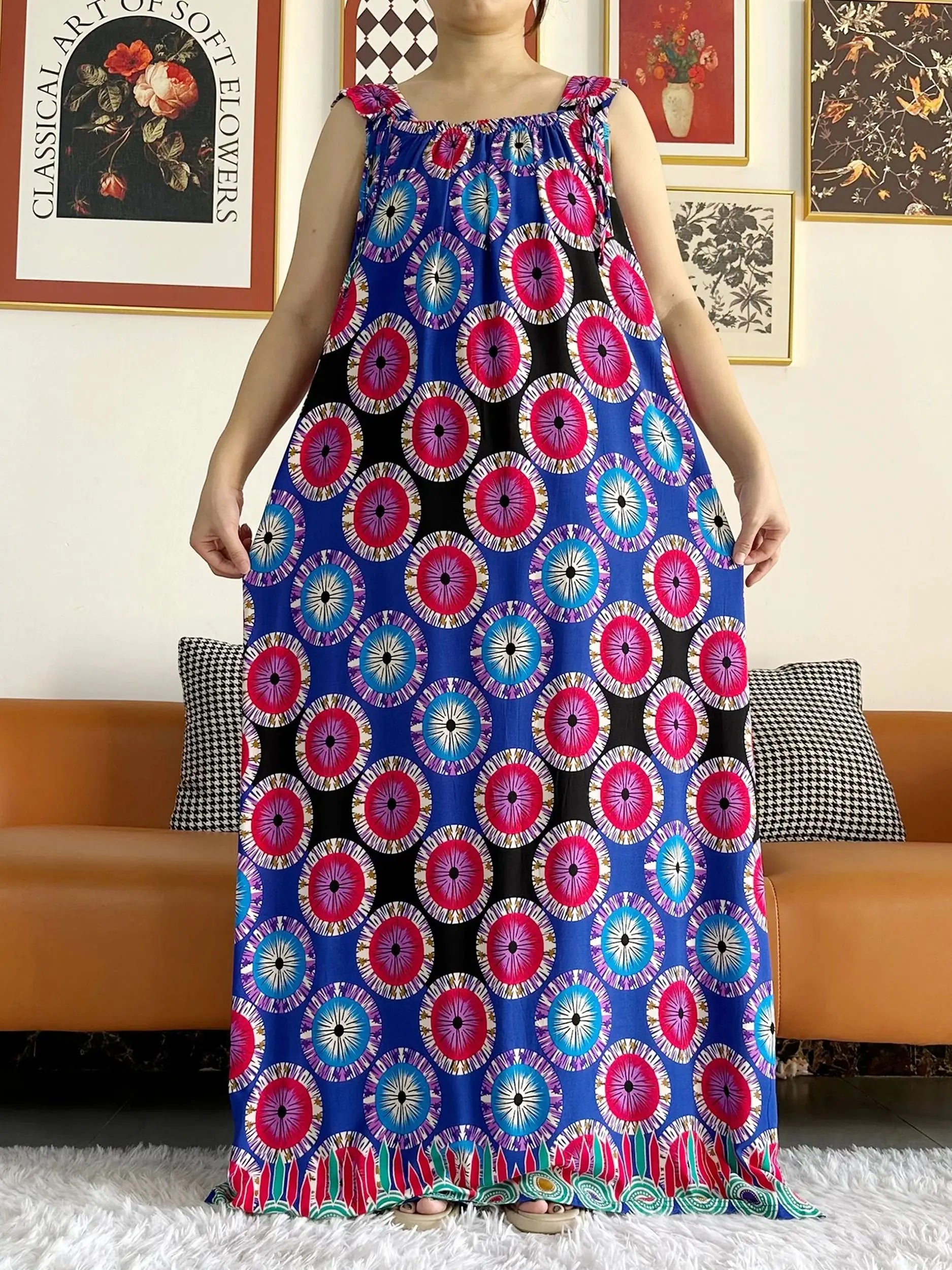 Cotton Summer Sleeveless Dress Print Floral Loose Women Casual Robe With Big Scarf by DERILUJA LLC
