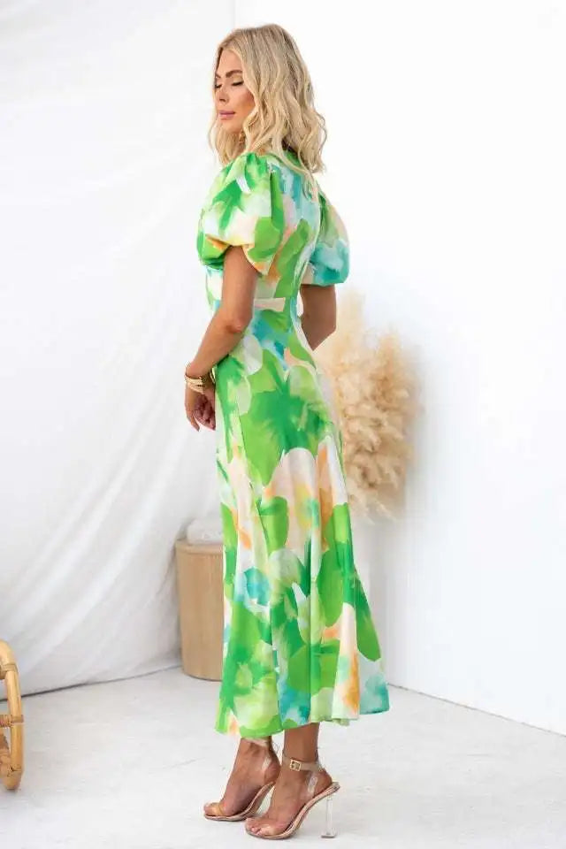 Summer Fashion New Women's PartyDress V-Neck Long Hollow Open Back Print A-line Long Bubble Sleeve Dress 2026 by DERILUJA LLC
