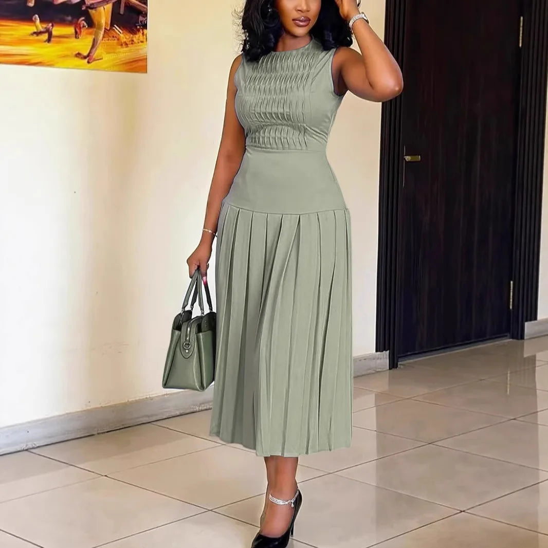 Vestido De Noche Elegante Mujer Sleeveless Round Neck Vest Long Pleated Dress Spring Summer Womens New Solid Color Evening Dress 2026 by DERILUJA LLC