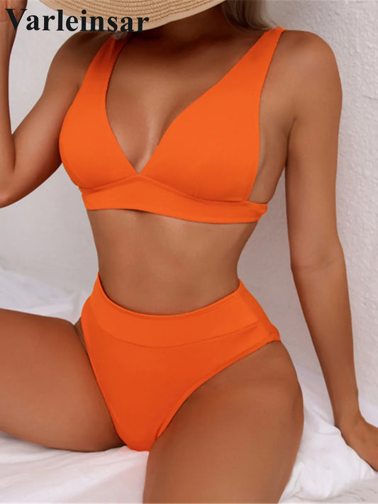 S- XL 12 Color Ribbed High Waist Bikini Female Swimsuit Women Swimwear Two-piece Bikini set Bather Bathing Suit Swim V3402SW