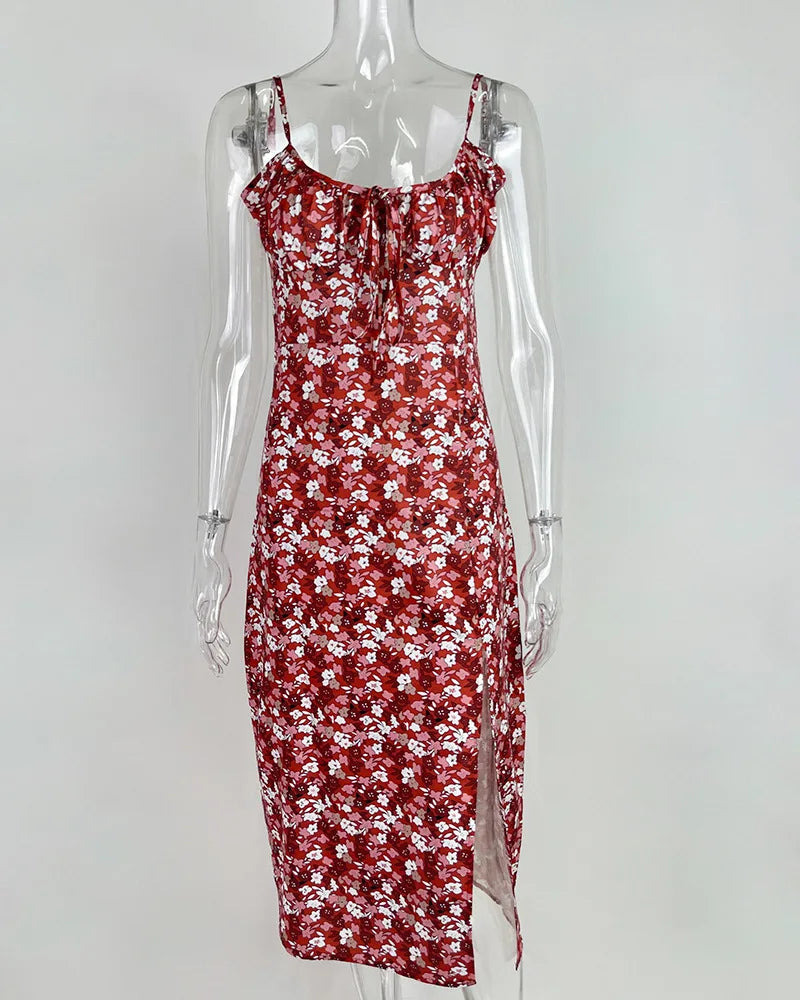 Flower Printed Spaghetti Strap Dresses For Women Low Cut Beach Party Slim Slit Dress Chic Bodycon Lady Sleeveless Vestidos by DERILUJA LLC