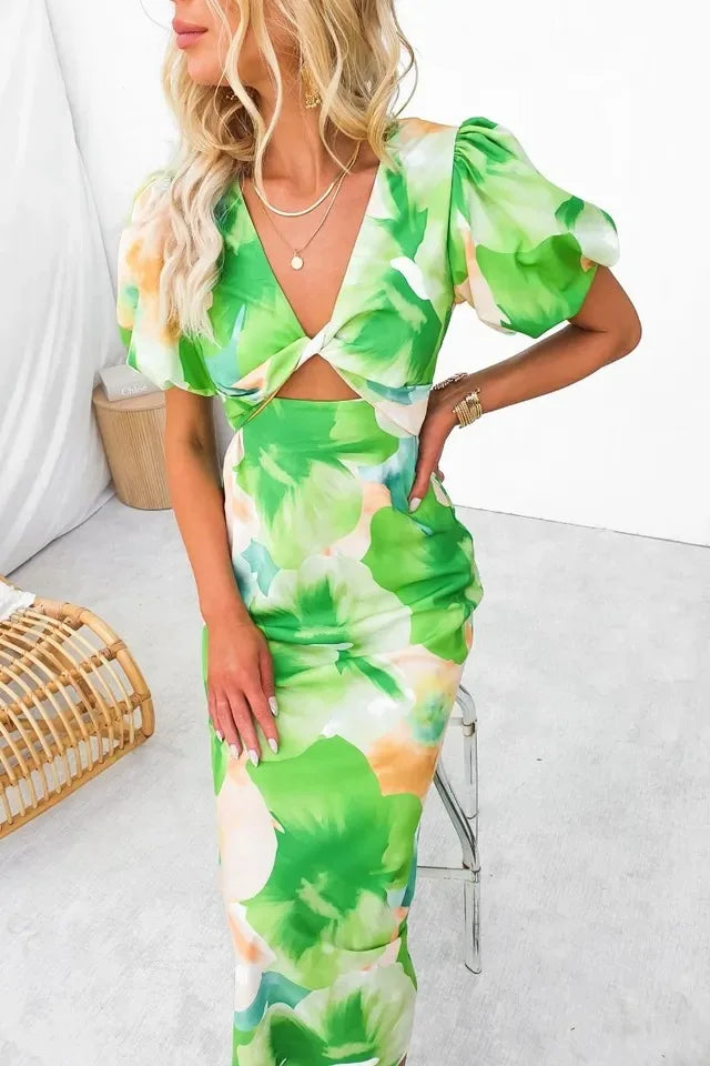 Summer Fashion New Women's PartyDress V-Neck Long Hollow Open Back Print A-line Long Bubble Sleeve Dress 2026 by DERILUJA LLC