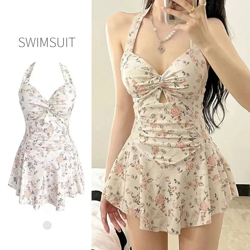 sexy Korean fashion conservative swimsuit one piece floral print wrinkled knot mini dress culottes bikinis padded swimwear by DERILUJA LLC