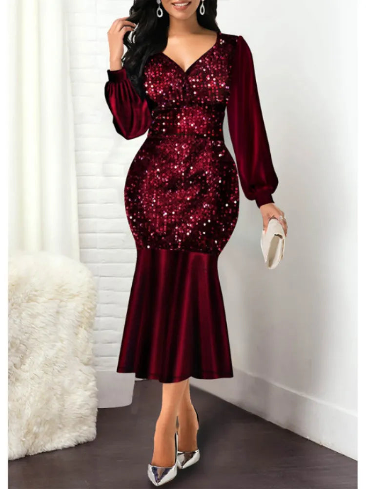 Dress for Women 2024 Sexy V Neck Sequin Evening Wedding Party Dress Elegant Shiny Long Sleeve Bodycon Mermaid Dresses Formal 5xl pour