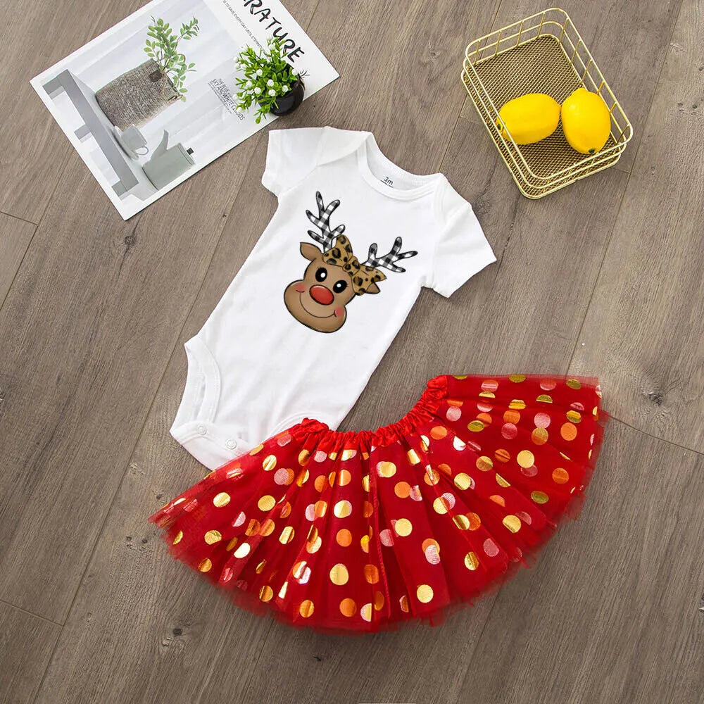 Deer Print Christmas Baby Romper & Tutu Set Christmas Girls Outfit Infant Baptism Short Sleeve Bodysuit Dress Xmas Outfits Skirt by DERILUJA LLC