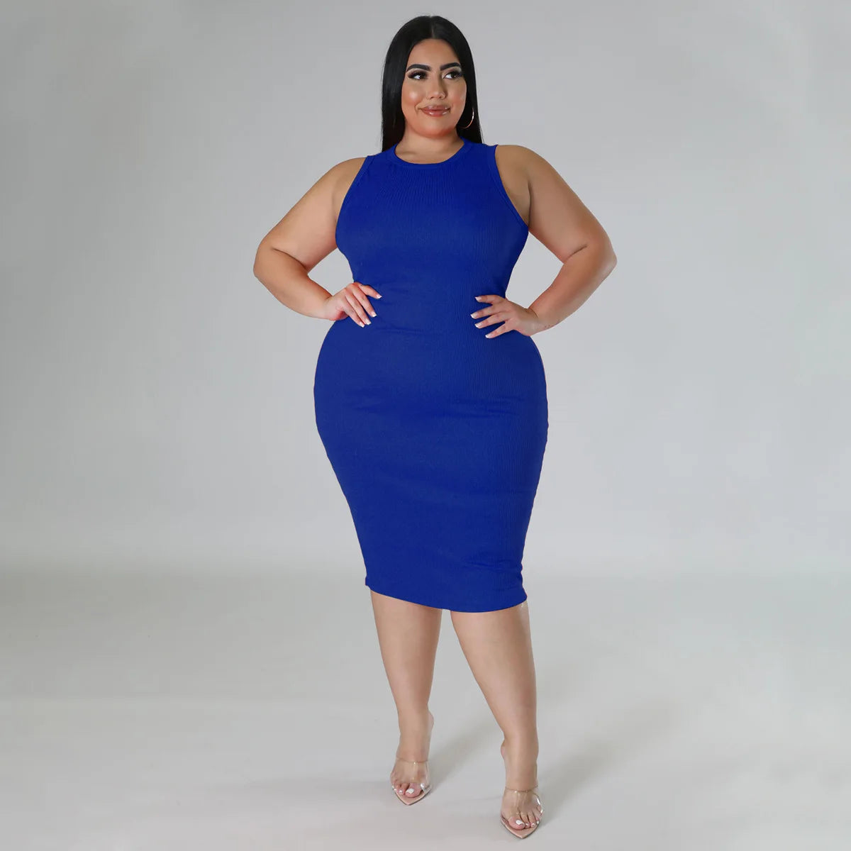 Women Plus size Fashion Sleeveless Knit Ribbed Bodycon Midi Tank Dress by DERILUJA LLC