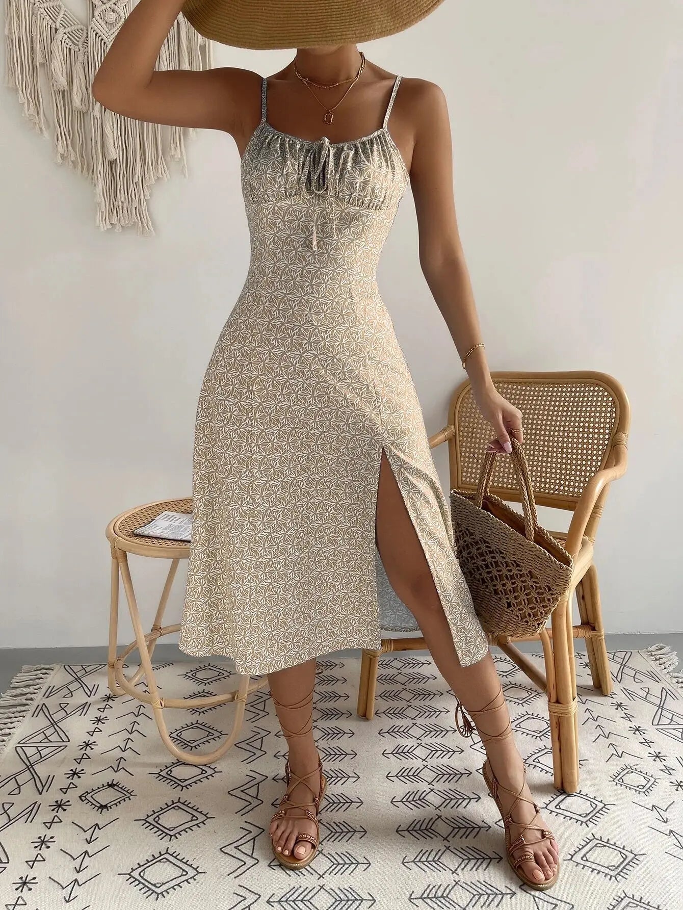 Dress Beach Style Floral Print Frock Lace-Up V-Neck Ruched Skirt Slit Hem Female Vestido by DERILUJA LLC
