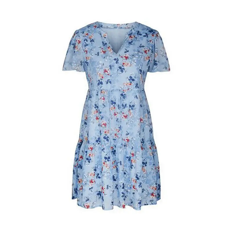 Spring Summer Fashion Women V Neck Short Sleeve Loose Chic Floral Printed Dress by DERILUJA LLC