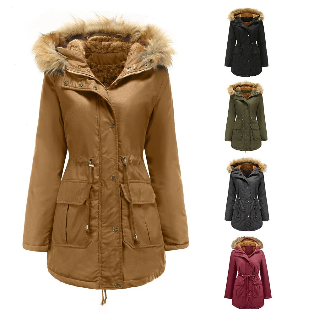 Women's Winter Jacket Warm Solid Plush Thickened Long Winter Coat Outdoor Hiking Fur Hooded Windproof Down Parka Coats Overcoat by My Store