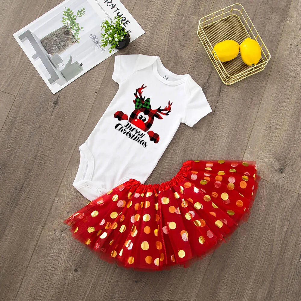 Deer Print Christmas Baby Romper & Tutu Set Christmas Girls Outfit Infant Baptism Short Sleeve Bodysuit Dress Xmas Outfits Skirt by DERILUJA LLC