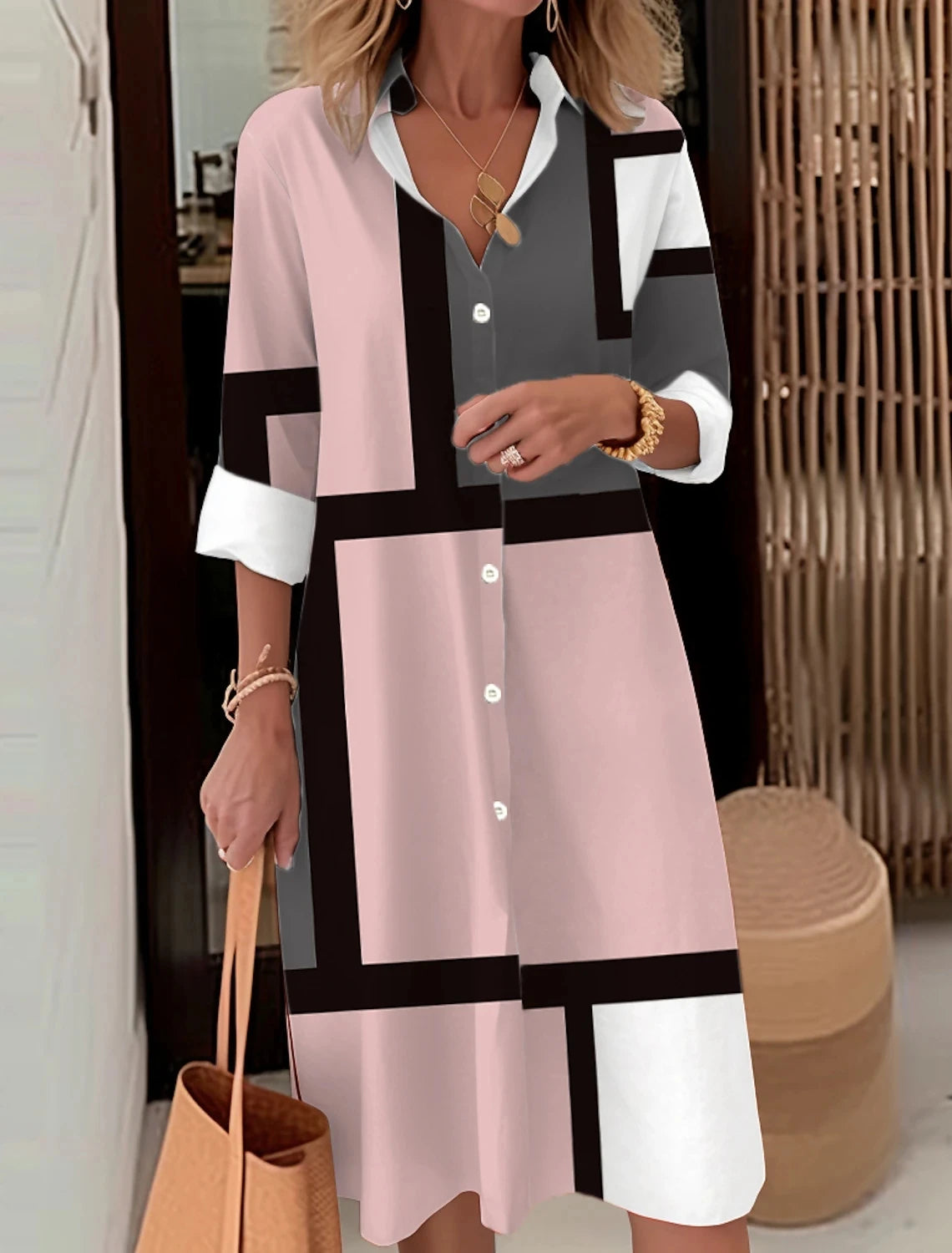 Autumn Elegant Long Sleeve Plaid Shirt Dress Flip Lapel Single Breasted Patchwork Dress Women's Comfortable Commuter Casual Robe by DERILUJA LLC