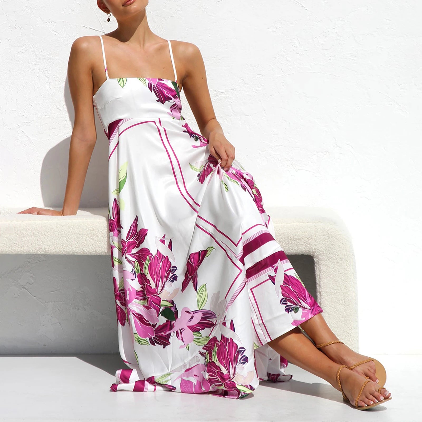 Women Sun Long Dress Swing Dress Slip Dress Spaghetti Straps Floral Backless Dresses Summer Lady Elegant Holiday Outfits by DERILUJA LLC