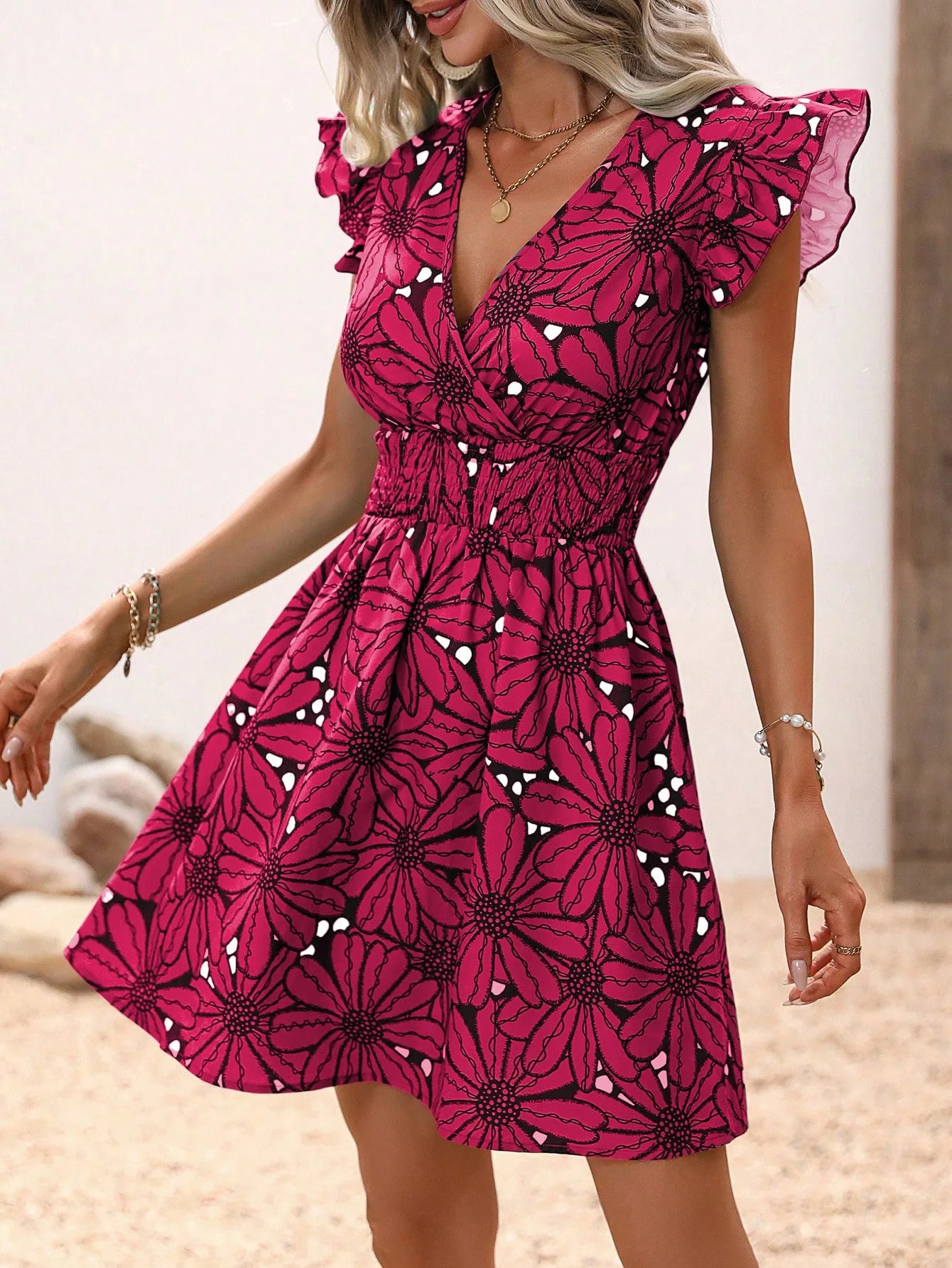 Fashion V-Neck Printed Dress Women's Petal Sleeve Mini Dresses Summer Party A-Line Dress Vestidos by DERILUJA LLC