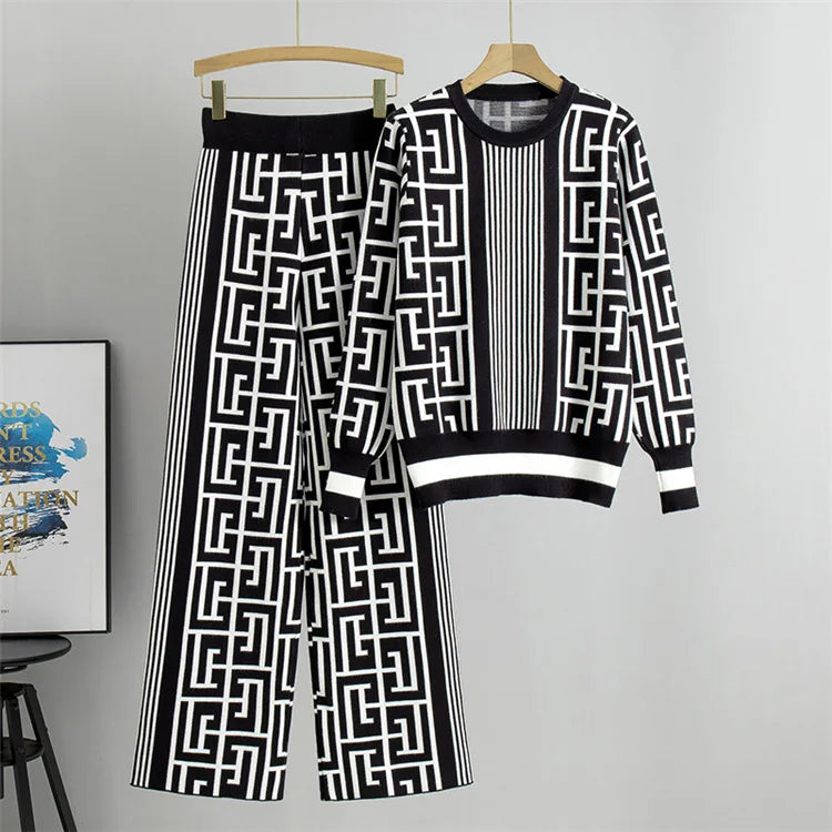 Knitting Two Piece Set Women Pullover Stripe Print Round Collar Sweater Wide Leg Pants Suit Loose Fit Casual Outifits Knit Sets