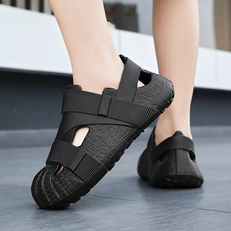 Summer Men's Outdoor Hollow Sandals Flat Bottom Non Slip Women's Garden Beach Breathable Soft Bottom Sneakers Large Sandals by DERILUJA LLC