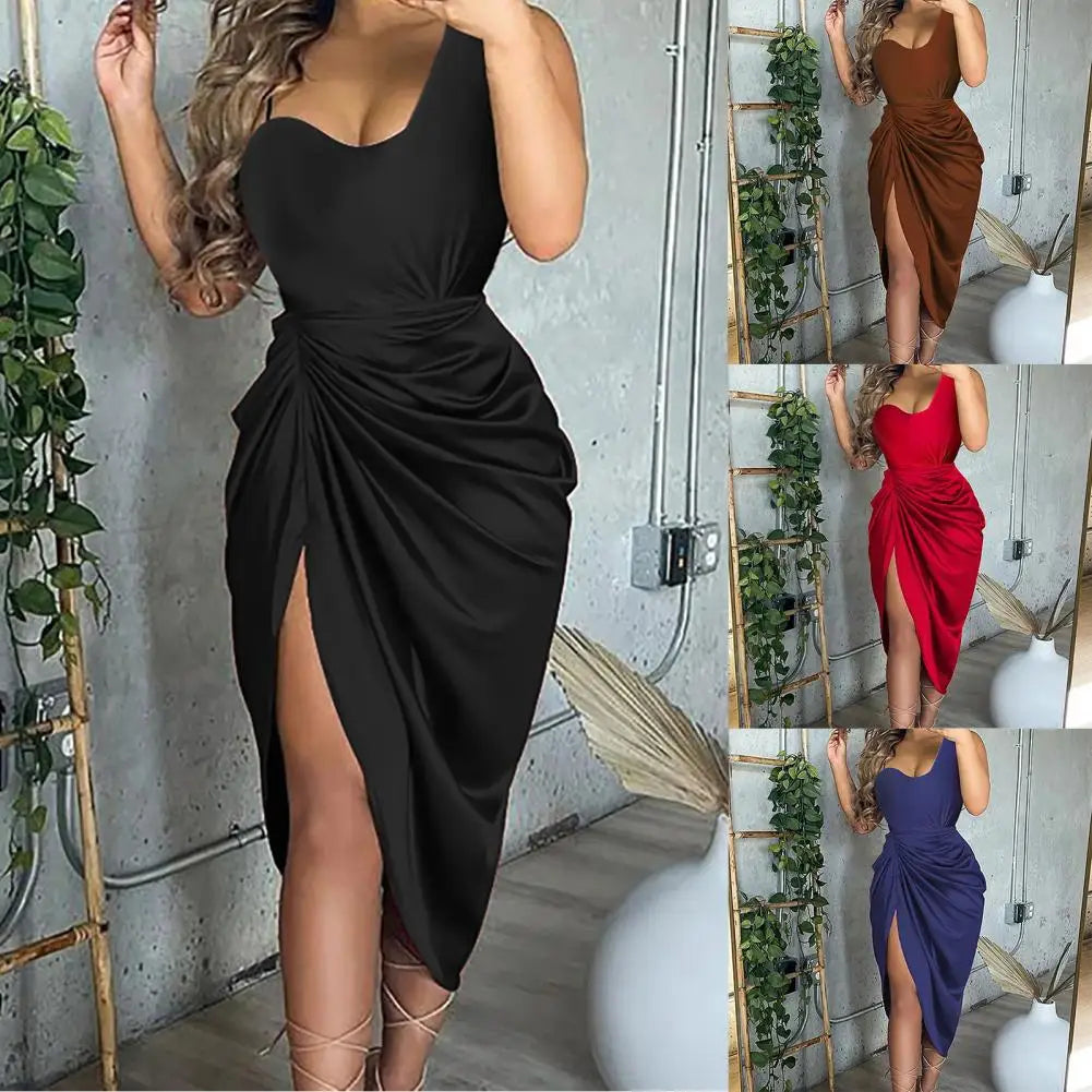 Summer Women Dress Spaghetti Strap Draped High Cut Bodycon Lady Dress Satin One Shoulder by DERILUJA LLC
