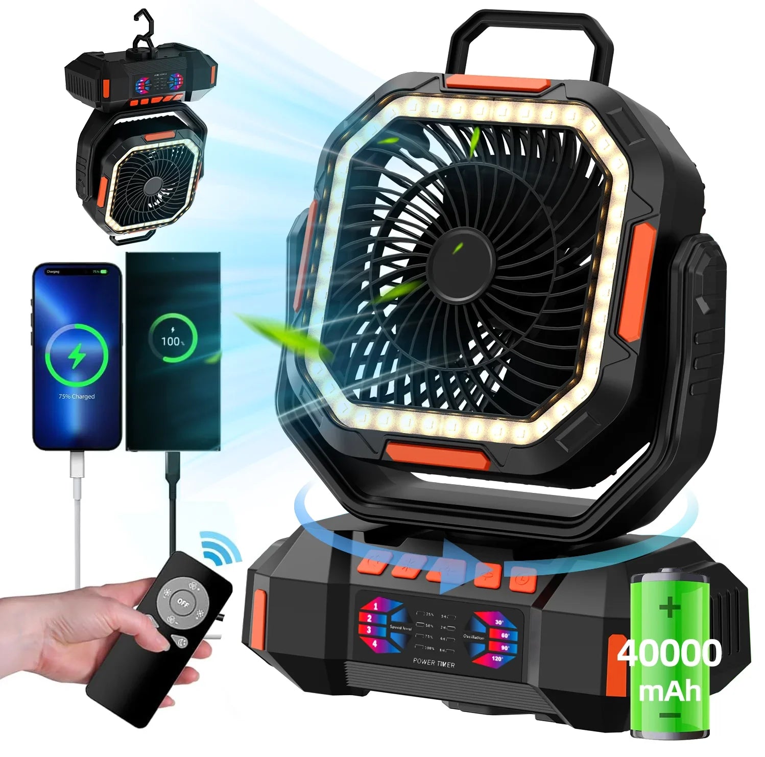 Rechargeable Portable camping Fan 40000mah 720° Rotating Hanging Fan Night Light Air Cooler Outdoor Camping Tent fans ventilador by DERILUJA LLC