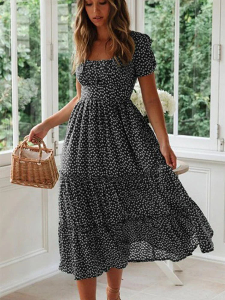 Vestidos Vintage Vintage Print Puff Sleeve summer Beach sweet dresses Casual Square collar floral maxi long dress festa by DERILUJA LLC
