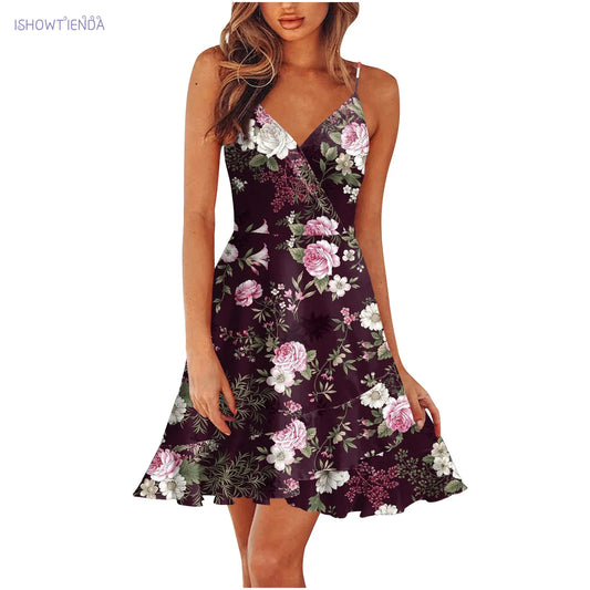 New 2026 Summer Rose print dress Women Mini Print Dress Casual Fashion Sleeveless Party Evening Mini Women's Dress Vestidos by DERILUJA LLC