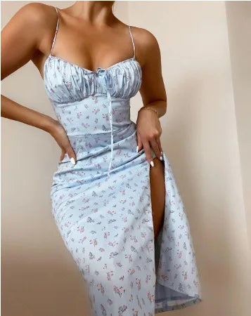 Flower Printed Spaghetti Strap Dresses For Women Low Cut Beach Party Slim Slit Dress Chic Bodycon Lady Sleeveless Vestidos