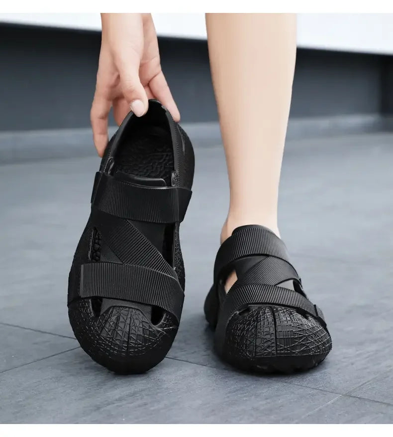 Summer Men's Outdoor Hollow Sandals Flat Bottom Non Slip Women's Garden Beach Breathable Soft Bottom Sneakers Large Sandals by DERILUJA LLC