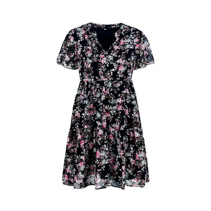 Spring Summer Fashion Women V Neck Short Sleeve Loose Chic Floral Printed Dress by DERILUJA LLC
