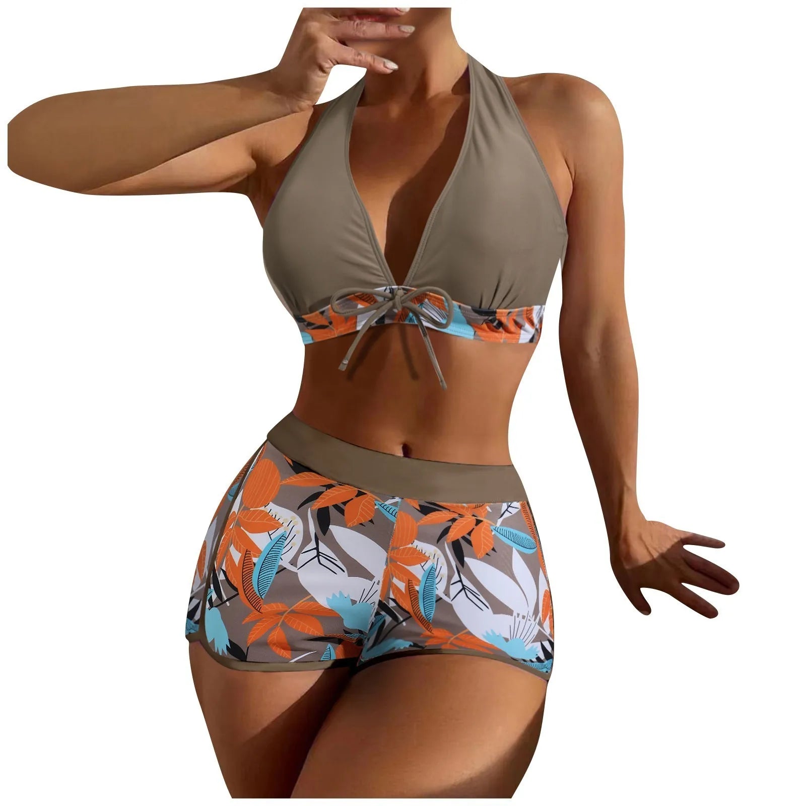 Women's Paneled Printed Swimsuit Ladies Fashion High Waist Swimsuit Two-Piece Set V-Neck Bathing Suits Female by DERILUJA LLC