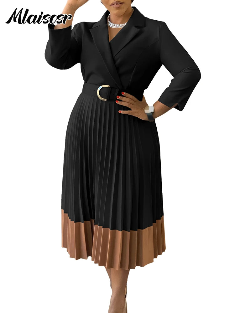 Elegant Long Sleeve Solid High Waist A Line Pleated Dress with Belt Women Office Lady Birthday Evening Vestidos by DERILUJA LLC