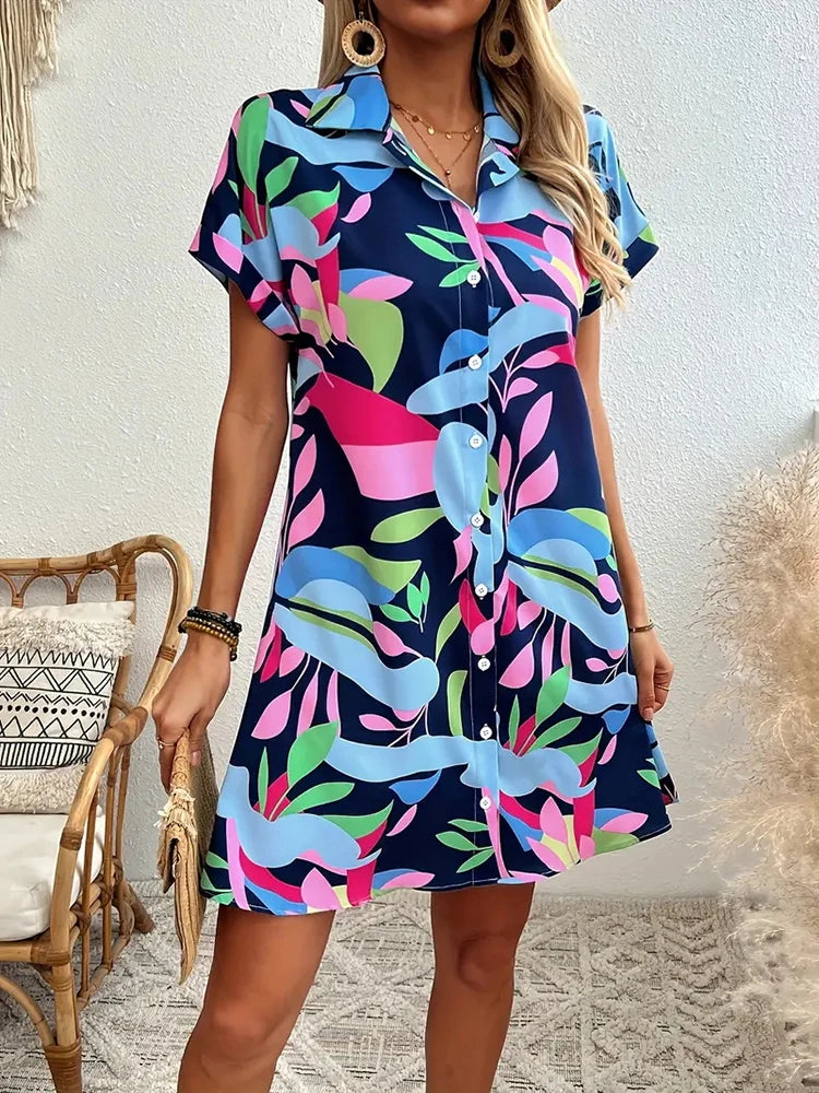 New Fashion Everyday Casual Ladies Short-sleeved Lapel Print Dress City Trend Single-breasted Dress 3D Printed Art Dress by DERILUJA LLC