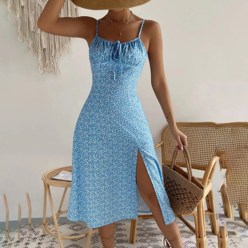 Dress Beach Style Floral Print Frock Lace-Up V-Neck Ruched Skirt Slit Hem Female Vestido by DERILUJA LLC