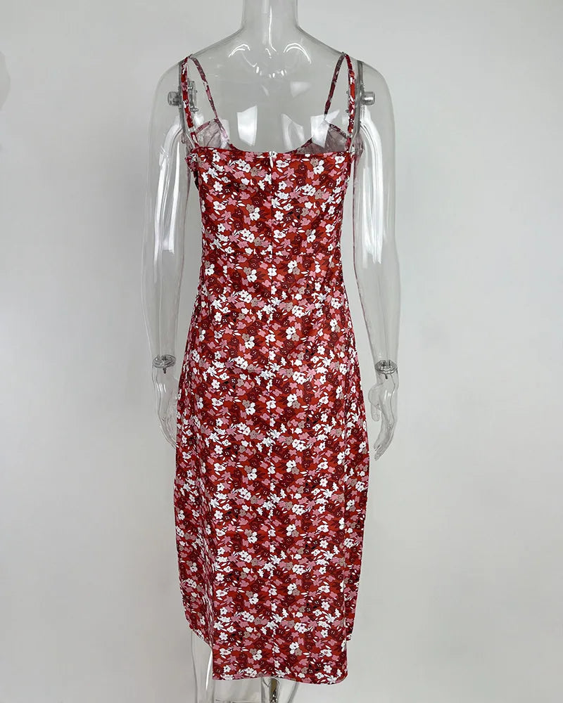 Flower Printed Spaghetti Strap Dresses For Women Low Cut Beach Party Slim Slit Dress Chic Bodycon Lady Sleeveless Vestidos by DERILUJA LLC