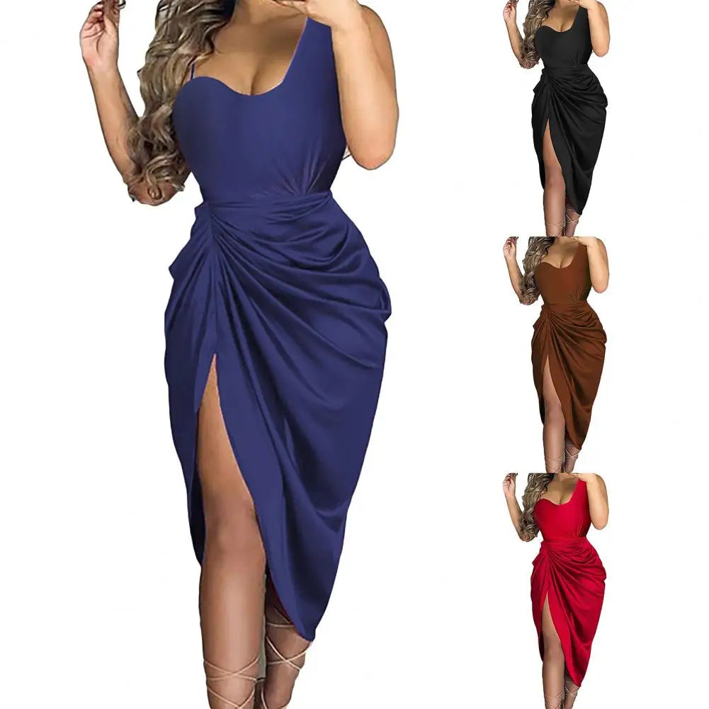 Summer Women Dress Spaghetti Strap Draped High Cut Bodycon Lady Dress Satin One Shoulder by DERILUJA LLC