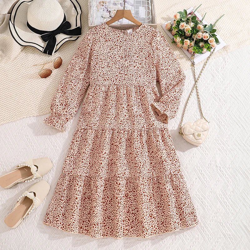 Kids Casual Dress for Girls 2026 New Spring Autumn Teenager Full Printing Long-Sleeved Dress Princess Dress Kids Daily Clothes