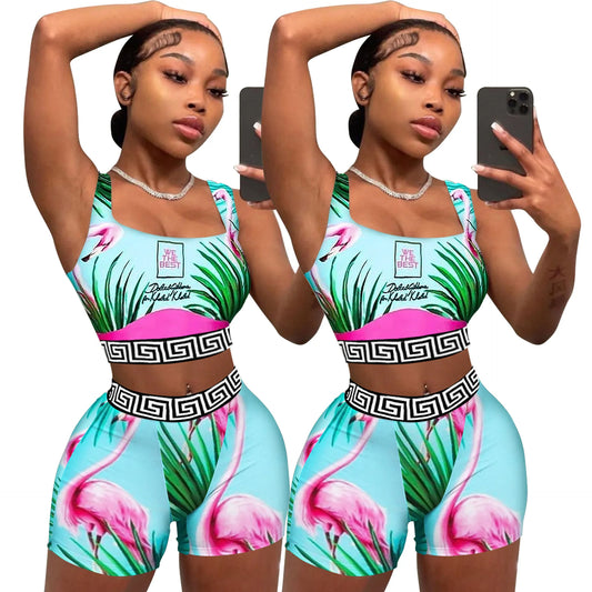 Echoine Women Summer Print Sexy Pullover Vest Top And Shorts Two 2 Piece Set Casual Slim Holiday Commuting Beach Party Outfits somè