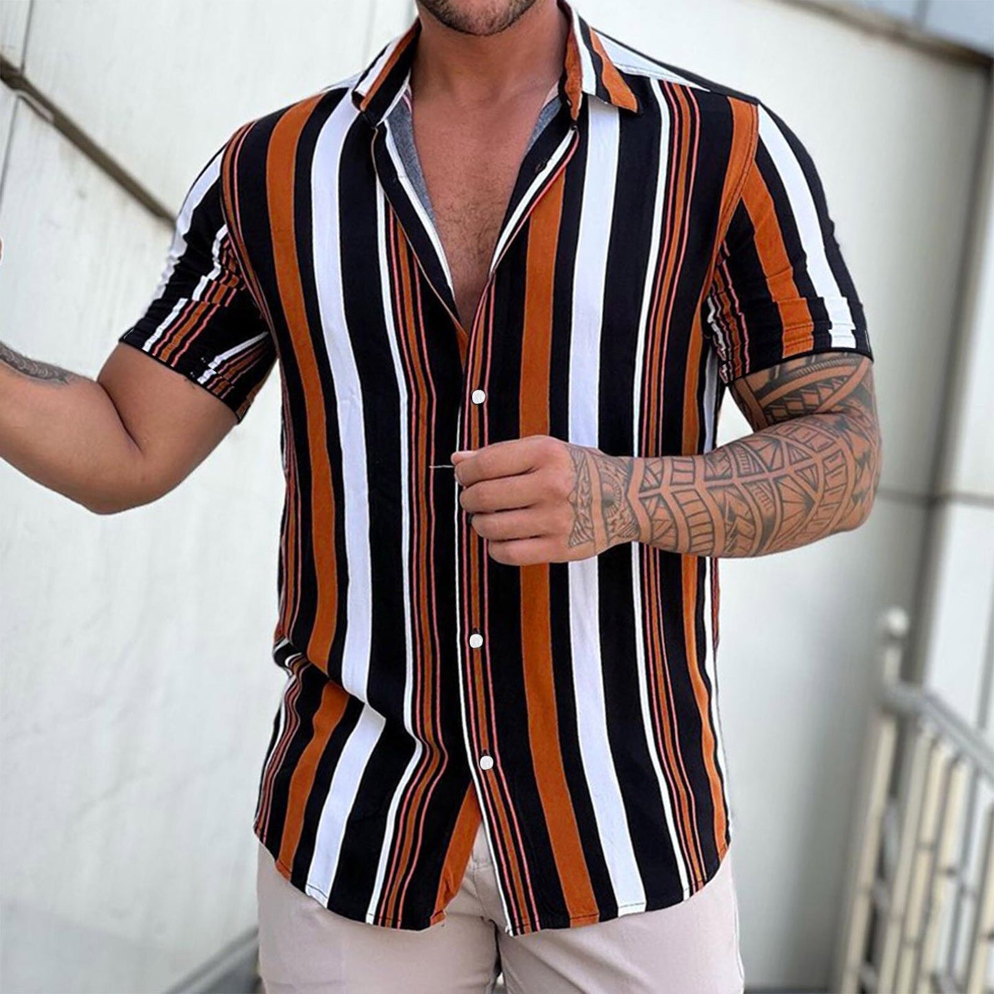 Summer New Men's Clothing Casual Men Stripes Printed Short Sleeve Turndown Collar Slim Hawaiian Shirt Cardigan Retro Trend Shirt