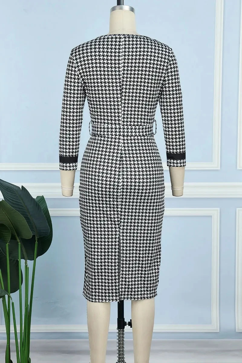 LW Houndstooth Slit Midi Bodycon Dress 3/4 Sleeve Hem Split Waist Tie Up All Over Print Workout Wear Elegant Black And White 1pc pour