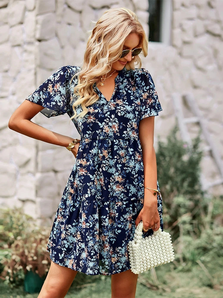 Spring Summer Fashion Women V Neck Short Sleeve Loose Chic Floral Printed Dress by DERILUJA LLC