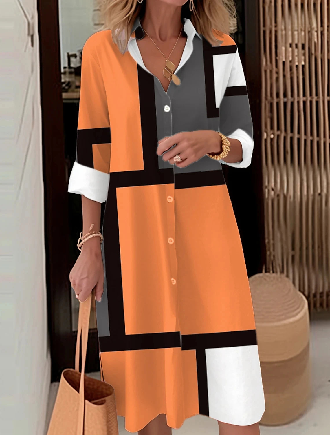 Autumn Elegant Long Sleeve Plaid Shirt Dress Flip Lapel Single Breasted Patchwork Dress Women's Comfortable Commuter Casual Robe by DERILUJA LLC