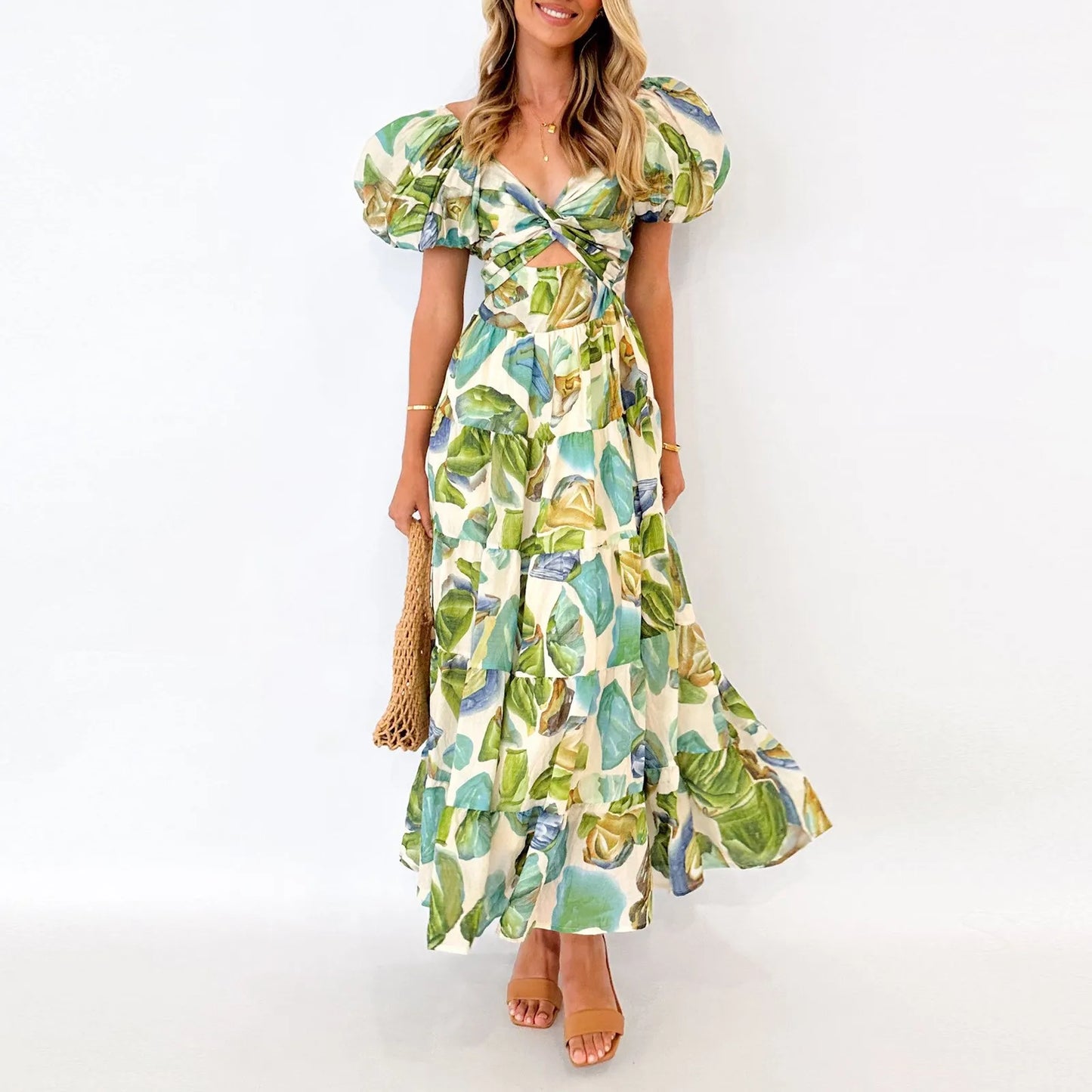 Summer V Neck Cutout Floral Print Dresses Elegant Women Puff Short Sleeve Casual Dress Pleated Waisted Swing Beach Long Dress 2026 by DERILUJA LLC