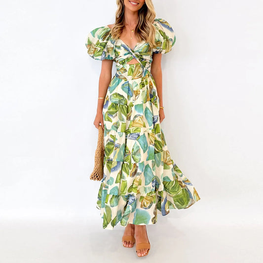 Summer V Neck Cutout Floral Print Dresses Elegant Women Puff Short Sleeve Casual Dress Pleated Waisted Swing Beach Long Dress 2026 by DERILUJA LLC