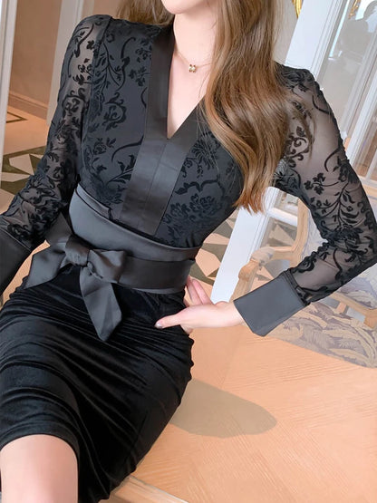Spring Retro Elegant Dresses for Women 2023 Lace Embroidery Long Sleeve Bow Bandage Bodycon Slim Robe Lady Party Office Vestido